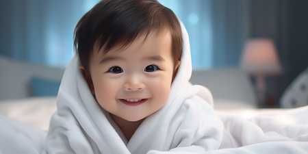 Cute little baby in cozy nursery. Banner with copy space. Shallow depth of field.の素材