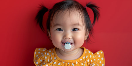 Little cute asian girl with pacifier. Banner with red background and copy space. Shallow depth of field.の素材