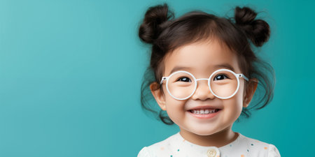 Cute smiling asian girl with eyewear for vision correction. Banner with teal background and copy space.の素材