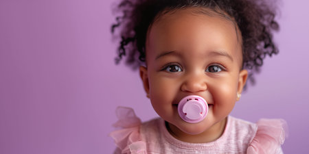 Little cute afroamerican girl with pacifier. Banner with violet background and copy space. Shallow depth of field.の素材