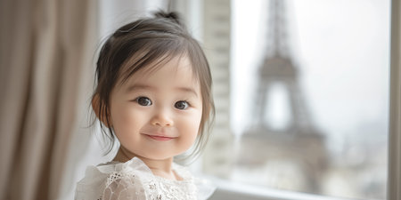 Banner with little cute asian baby girl in paris. Eiffel Tower as a background.の素材