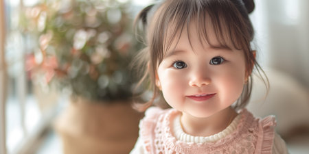 Cute little asian girl smiling in cozy house. Banner with copy space. Shallow depth of field.の素材