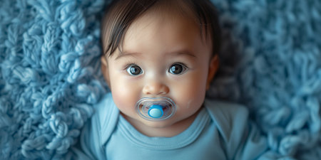 Closeup of asian little baby with beautiful eyes lying on cozy blanket.の素材