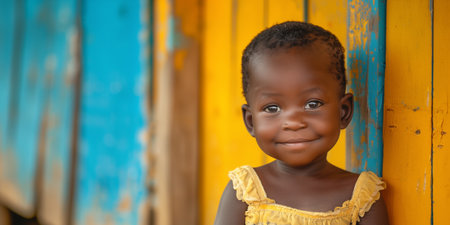 Banner with small cute african child over wooden background with copyspace. Shallow depth of field.の素材