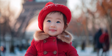 Little cute asian baby girl in Paris. Shallow depth of field.の素材