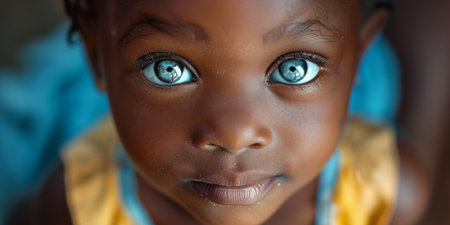 Closeup of small cute African child with beautiful blue eyes. Shallow depth of field.の素材