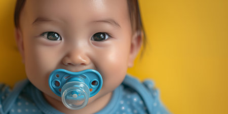 Little cute asian baby with pacifier. Banner with yellow background and copy space. Shallow depth of field.の素材