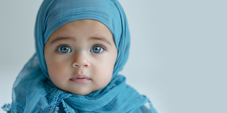 Banner with little cute baby girl with beautiful eyes, in headscarf over light blue background with copyspace.の素材