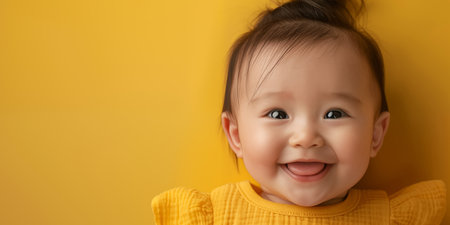 Banner with little cute asian baby girl smiling over yellow background with copyspace.の素材