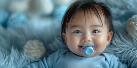 Cute little asian baby in cozy blanket. Banner with copy space. Shallow depth of field.の素材