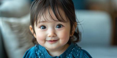 Cute little asian girl smiling in cozy interior. Shallow depth of field.の素材