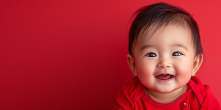 Banner with little cute asian baby over red background with copyspace.の素材
