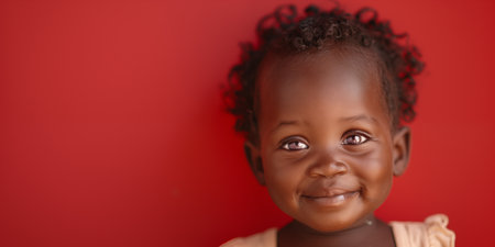 Banner with cute african baby with copy spcae over red background.の素材