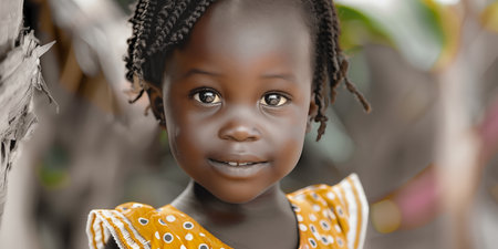 Banner with small cute african girl over natural background with copyspace. Shallow depth of field.の素材