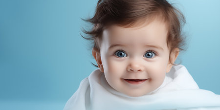 Banner with little cute baby over blue background with copyspace.の素材