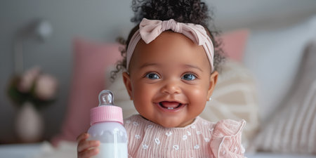 Cute afroamerican baby girl with bottle of milk in cozy interior. Shallow depth of field.の素材