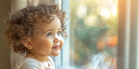 Banner with cute smiling mulatto girl looks up through the window at the sun.の素材