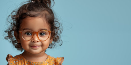 Cute smiling little girl with eyewear for vision correction. Banner with light blue background and copy space.の素材
