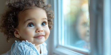 Banner with cute smiling afroamerican girl looks up through the window at the sun.の素材