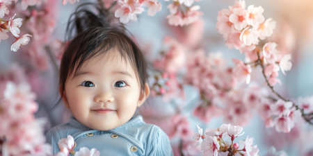 Banner with cute asian girl wearing traditional chinese wear and cherry blossom as copyspace. Shallow depth of field.の素材