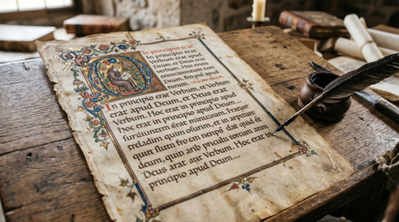 Old Holy Bible and a quill pen on an old wooden table