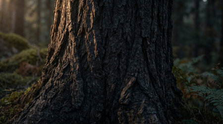 Old tree in the forest at sunset, close-up. Natural background