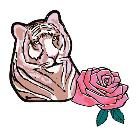 Tiger and rose embroider patch design,のイラスト素材