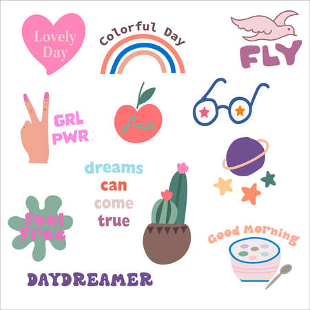 Happy colourful planner stickers set, web design, illustrated graphic art.のイラスト素材