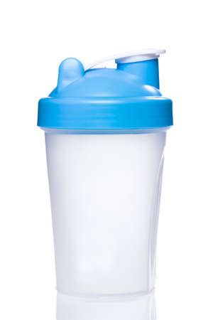 Empty protein shaker on white backgroundの写真素材