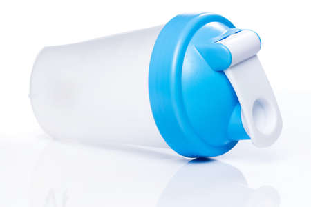 Empty protein shaker on white backgroundの写真素材
