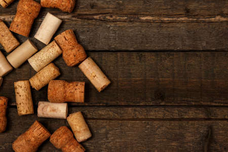 Wine corks on wooden tableの写真素材