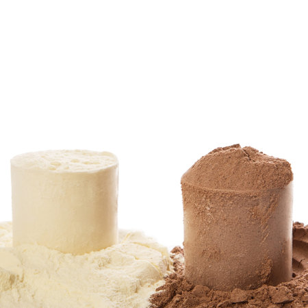 Close up of protein powder and scoops