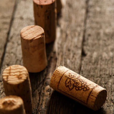 Wine corks on wooden tableの写真素材