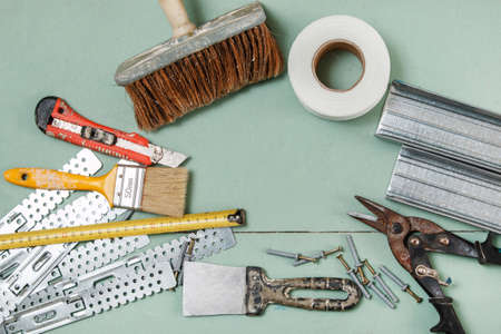 Different instruments and materials for build a plasterboard wallsの写真素材