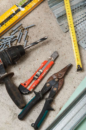 Different instruments and materials for build a plasterboard wallsの写真素材