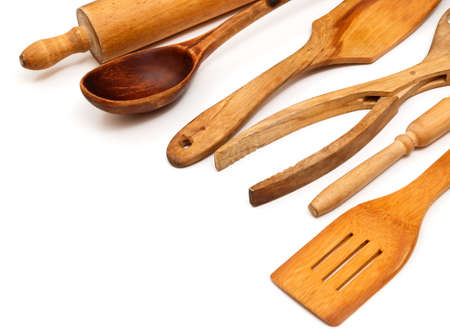 Wooden kitchen utensils on white backgroundの写真素材