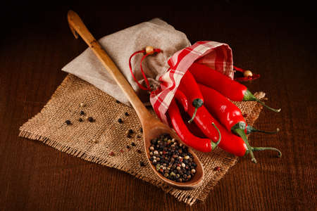 Red chili pepper on a sackclothの写真素材