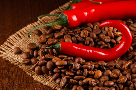 Red chili peppers and coffee beans