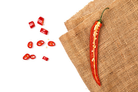 Red chili pepper on a sackclothの写真素材