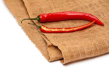 Red chili pepper on a sackclothの写真素材