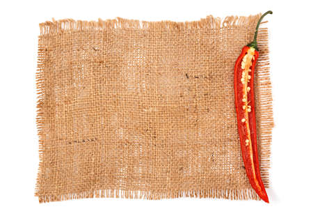 Red chili pepper on a sackclothの写真素材