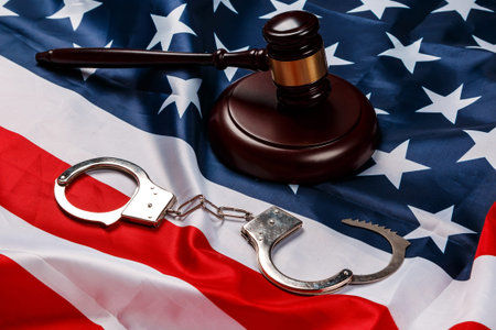 Judge gavel over american flagの写真素材