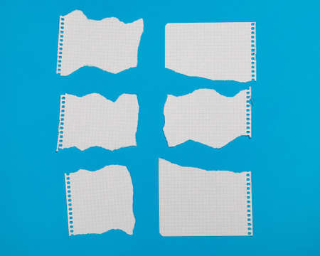 Torn pieces of checkered paper on blue backgroundの写真素材