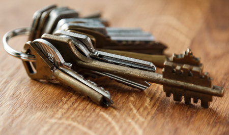 Bunch of different keys on wooden table