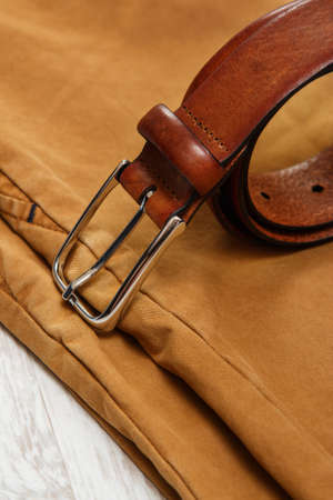 Close up of leather brown beltの写真素材