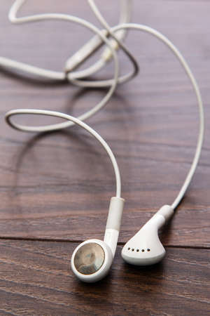 Close up of white earphonesの写真素材
