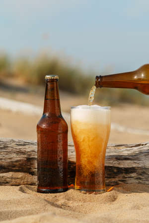 Cold beer on the beachの写真素材