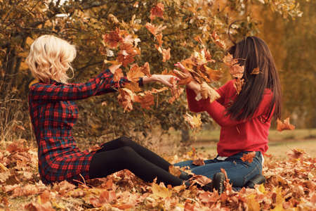 Two beautiful girls friends in autumn parkの写真素材