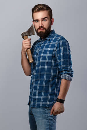 Portrait of handsome bearded man in checkered shirtの写真素材