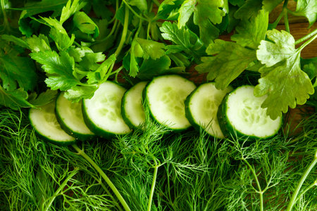 Close up of cucumber, dill and parsleyの写真素材
